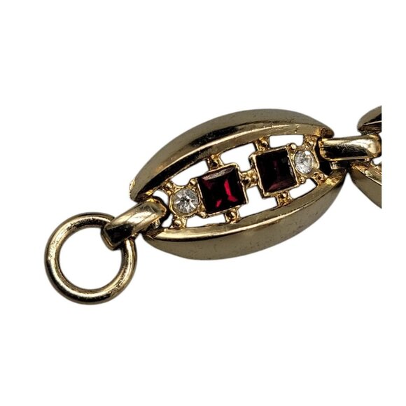 Gold Plated Oval Link Rhinestone Tennis Bracelet Red & Clear Glass Stones SZ 7 - Picture 6 of 12